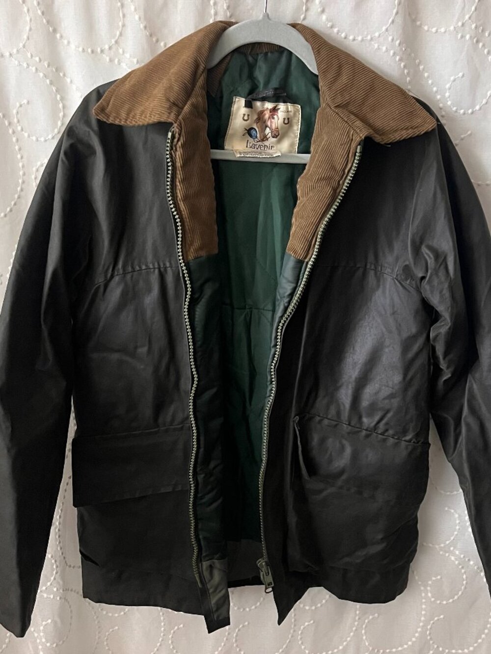 Vintage Lavenir Waxed Cotton Barn Jacket Courduroy Collar Hunter Green 36
